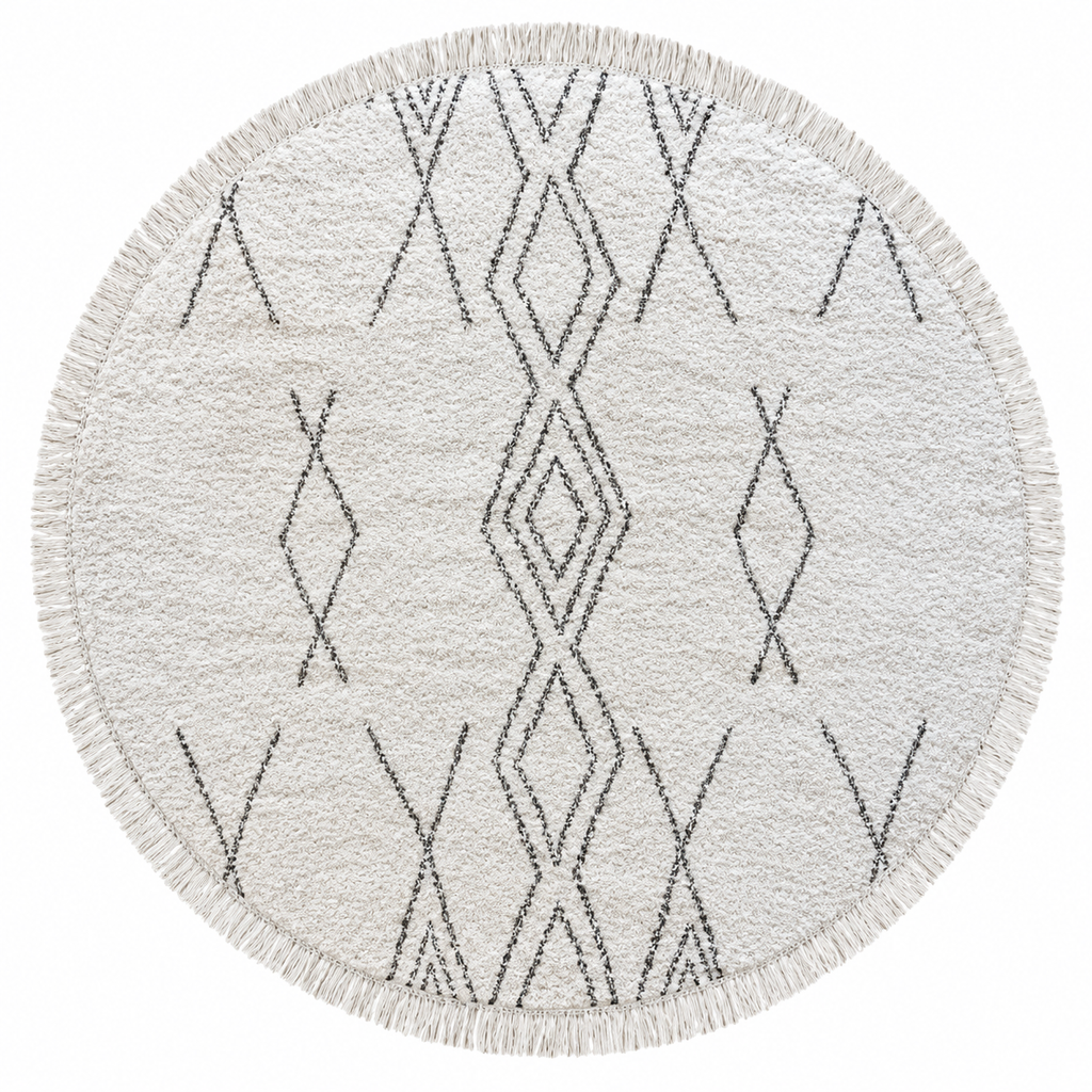 Tapis salon rond Vézelay ivoire et charbon en coton, vue de dessus sur fond blanc
