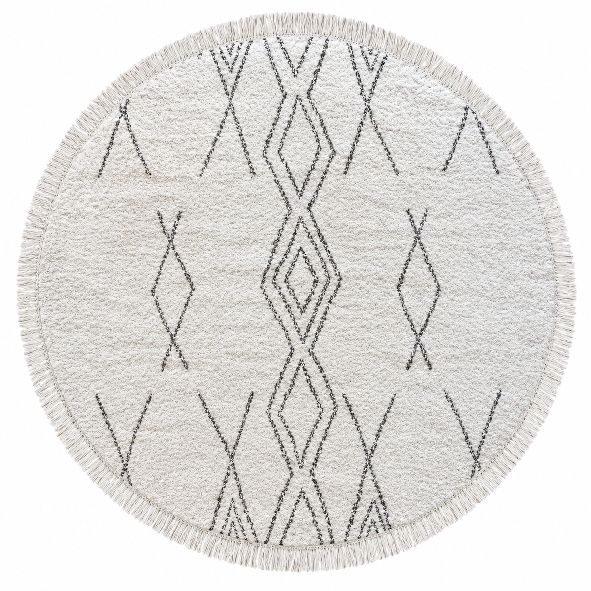 Tapis salon rond Vézelay ivoire et charbon en coton, vue de dessus sur fond blanc