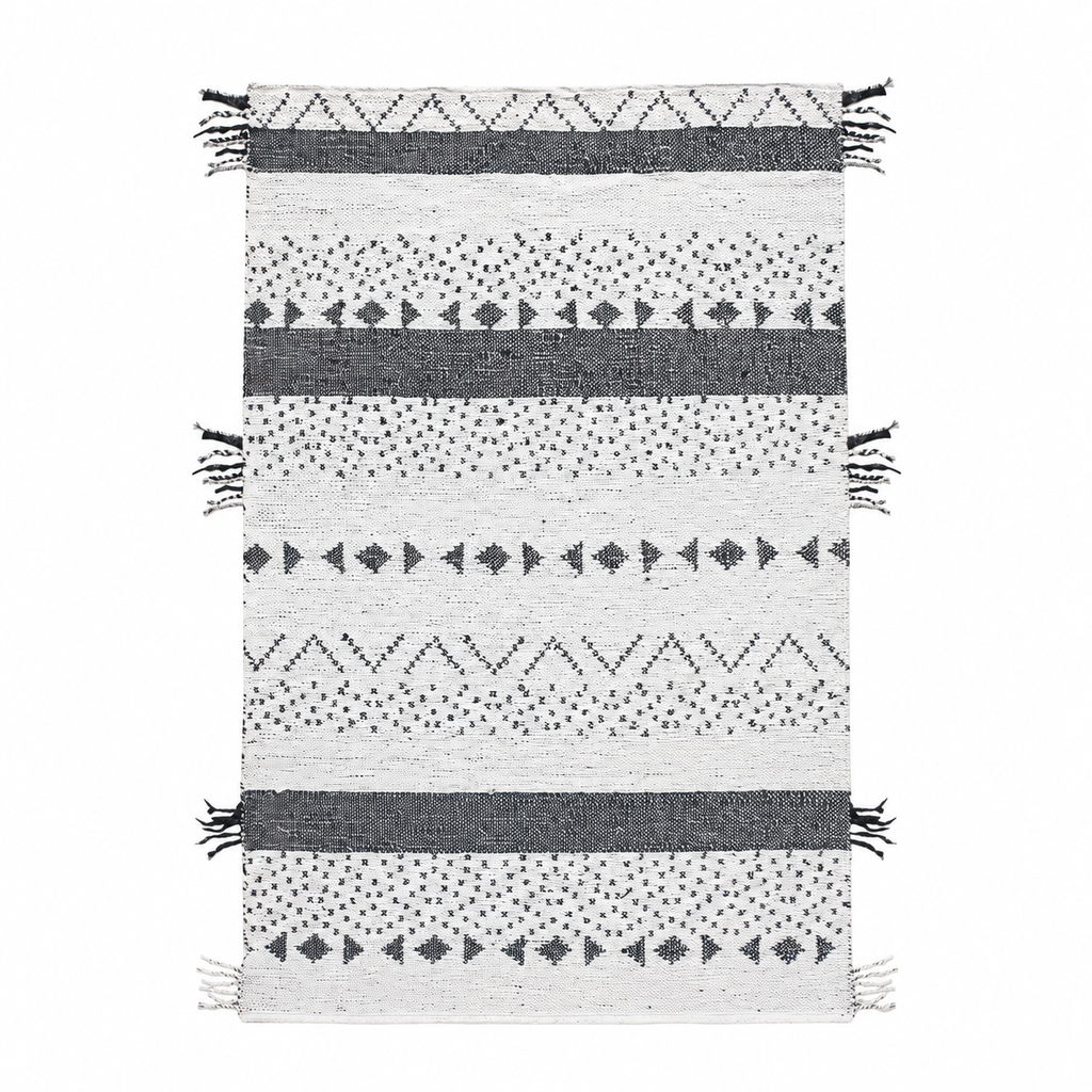 Tapis salon Carennac blanc et noir, vue de dessus sur fond blanc
