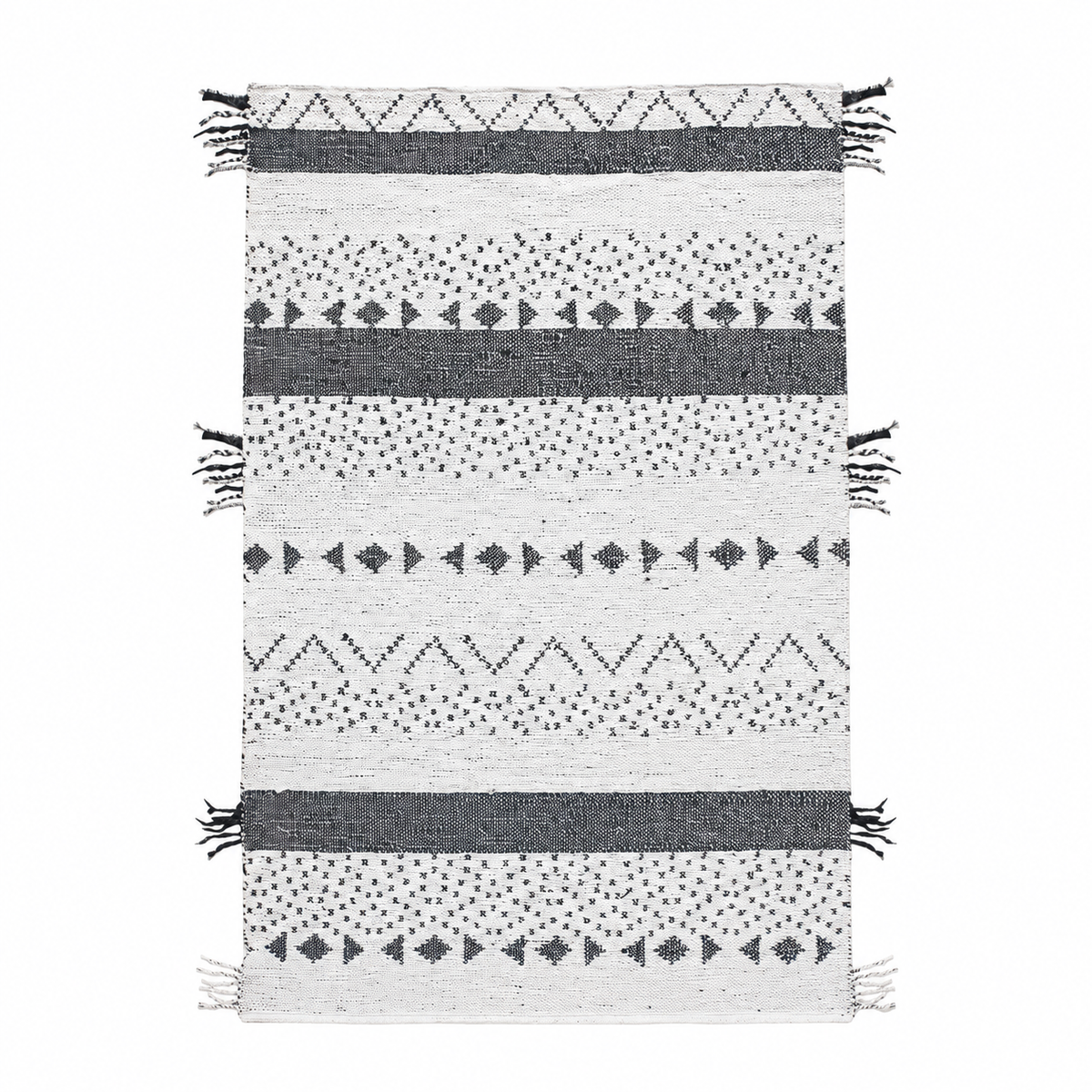 Tapis salon Carennac blanc et noir, vue de dessus sur fond blanc
