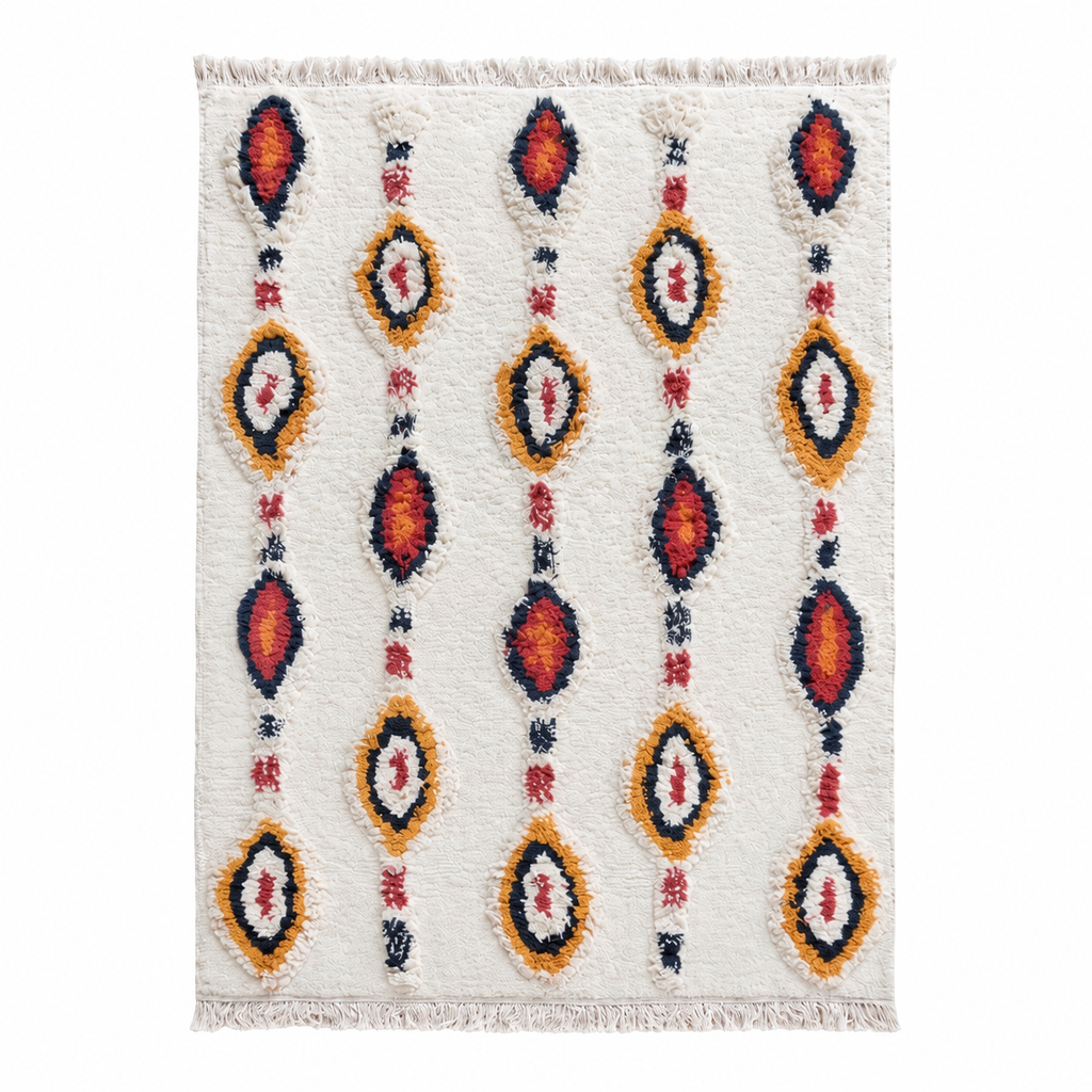 Tapis salon Chantilly ivoire et multicolore en coton, vue de dessus sur fond blanc