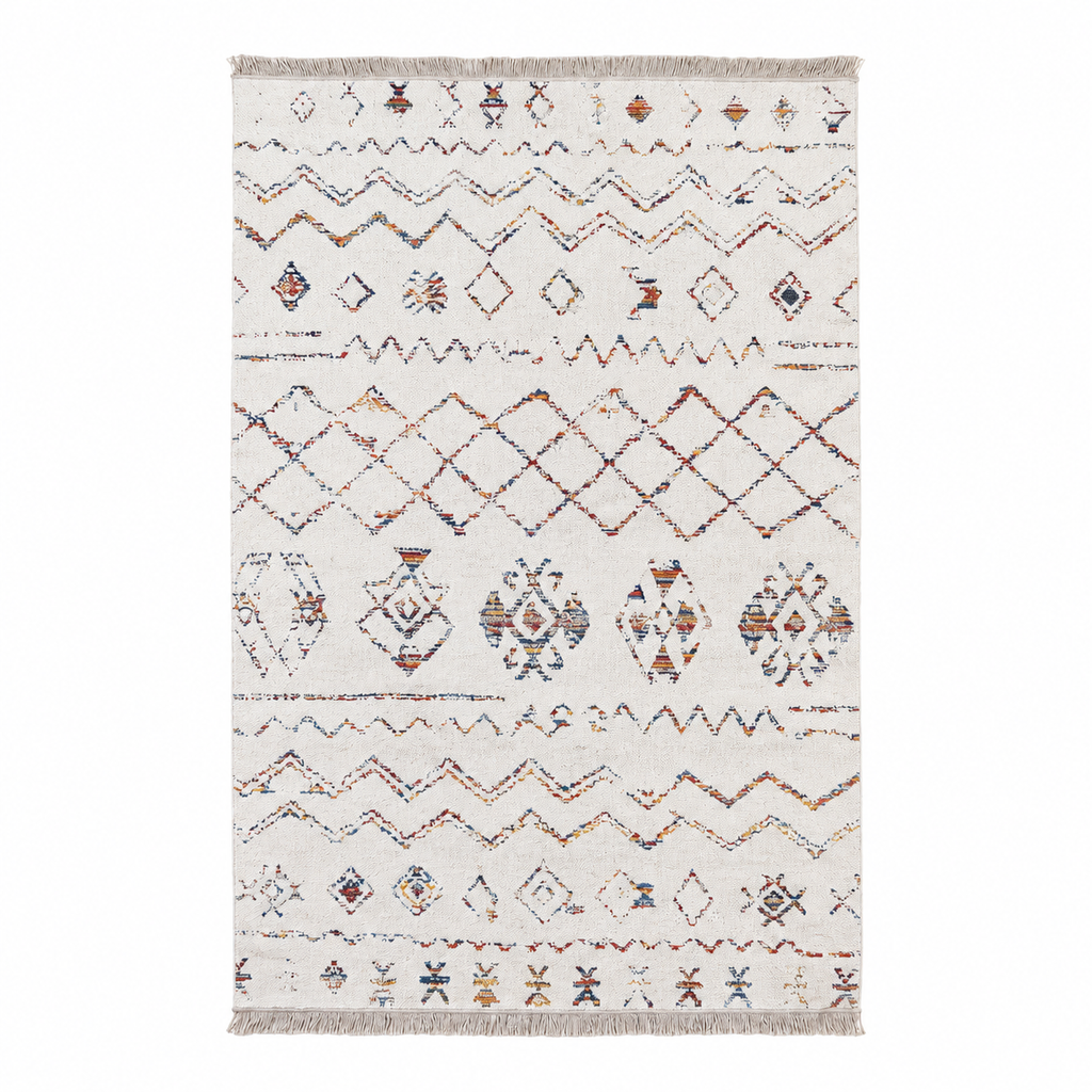 Tapis salon Autoire ivoire et multicolore en coton, vue de dessus sur fond blanc