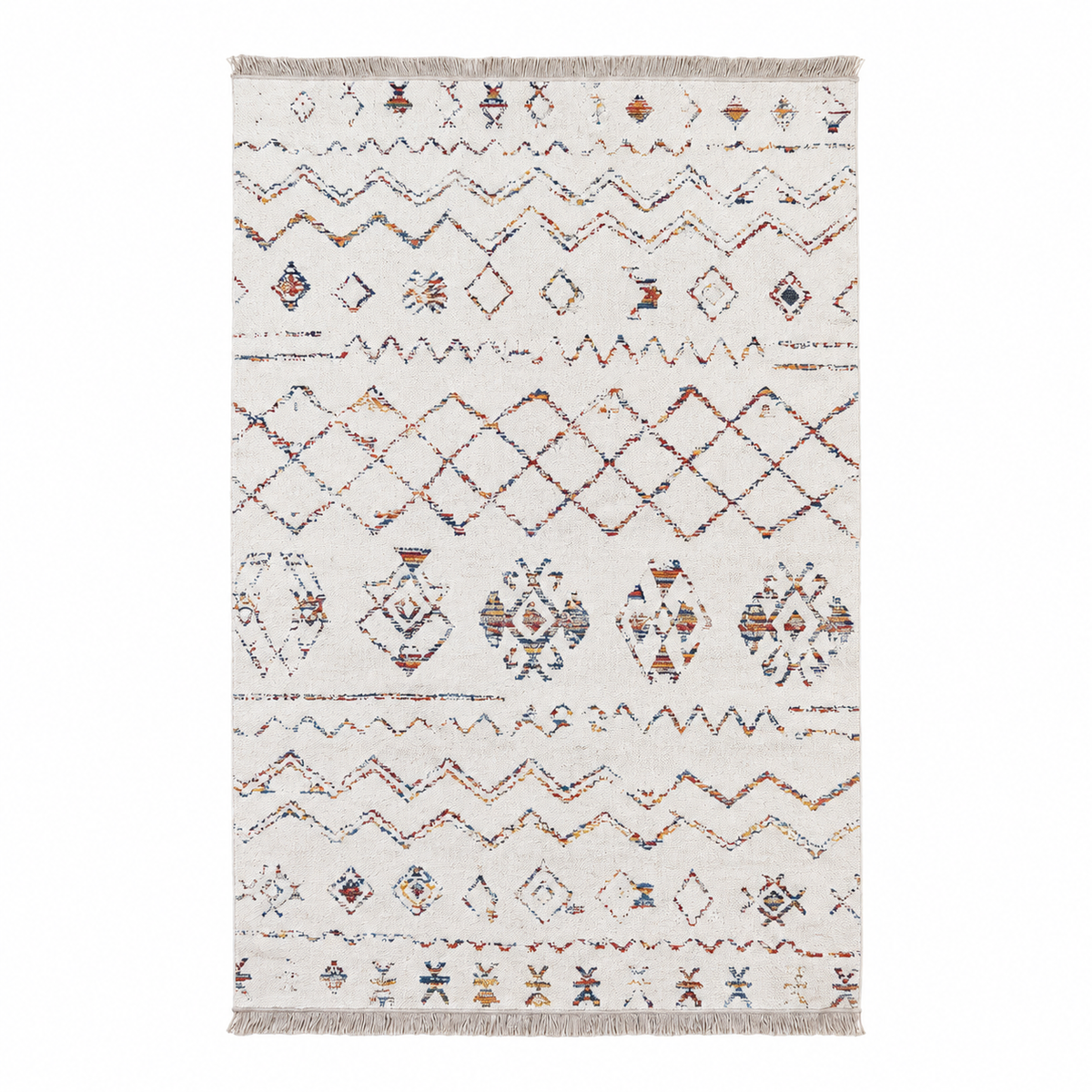 Tapis salon Autoire ivoire et multicolore en coton, vue de dessus sur fond blanc