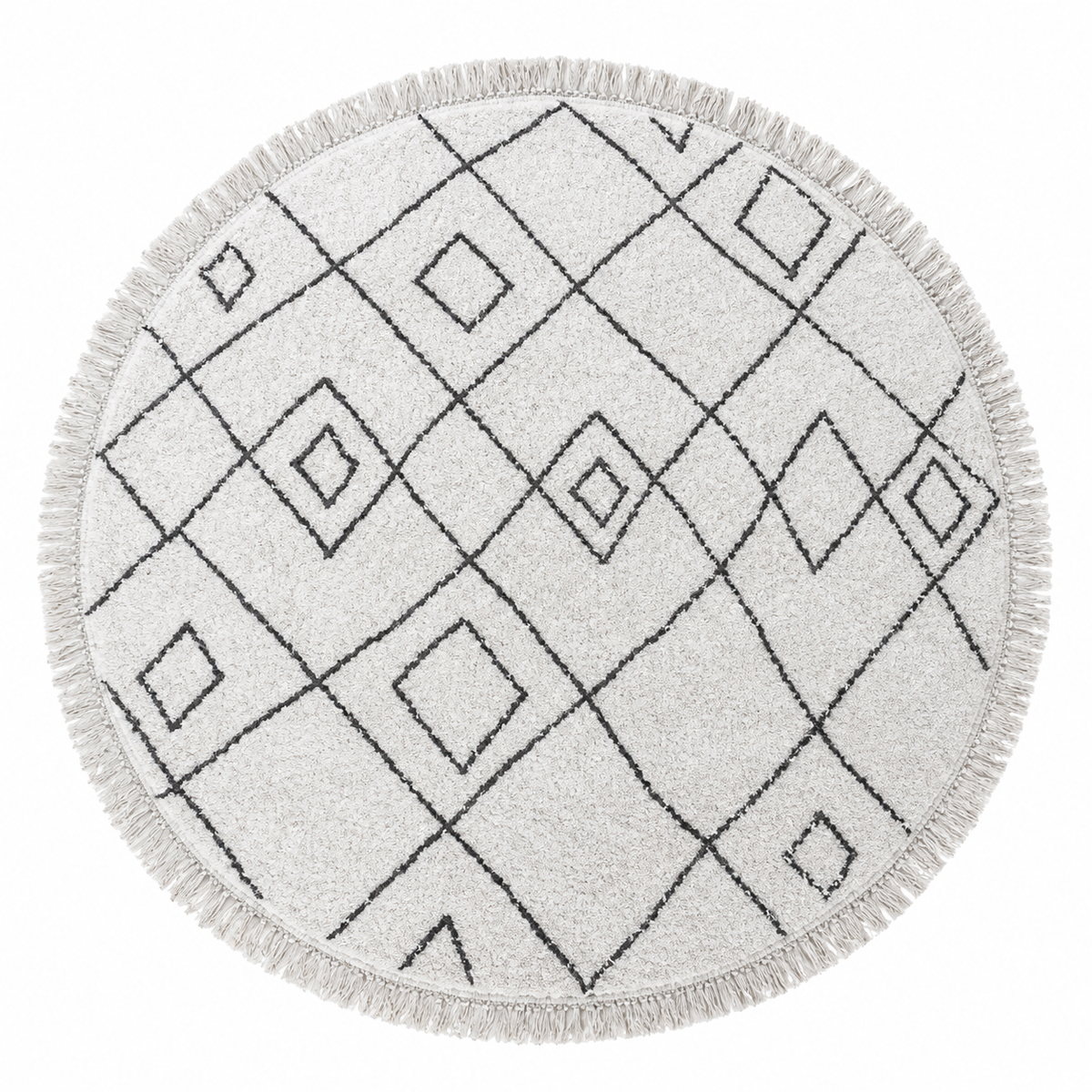 Tapis salon rond Provins ivoire et taupe en coton, vue de dessus sur fond blanc