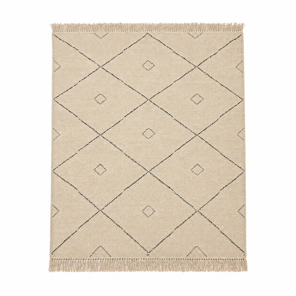 Tapis salon Rocamadour multicolore en polypropylène, vue de dessus sur fond blanc