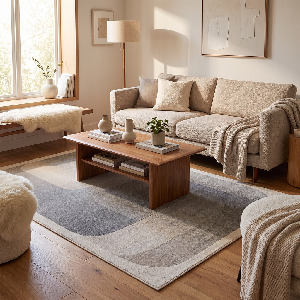 Tapis Gordes gris acier dans un salon moderne