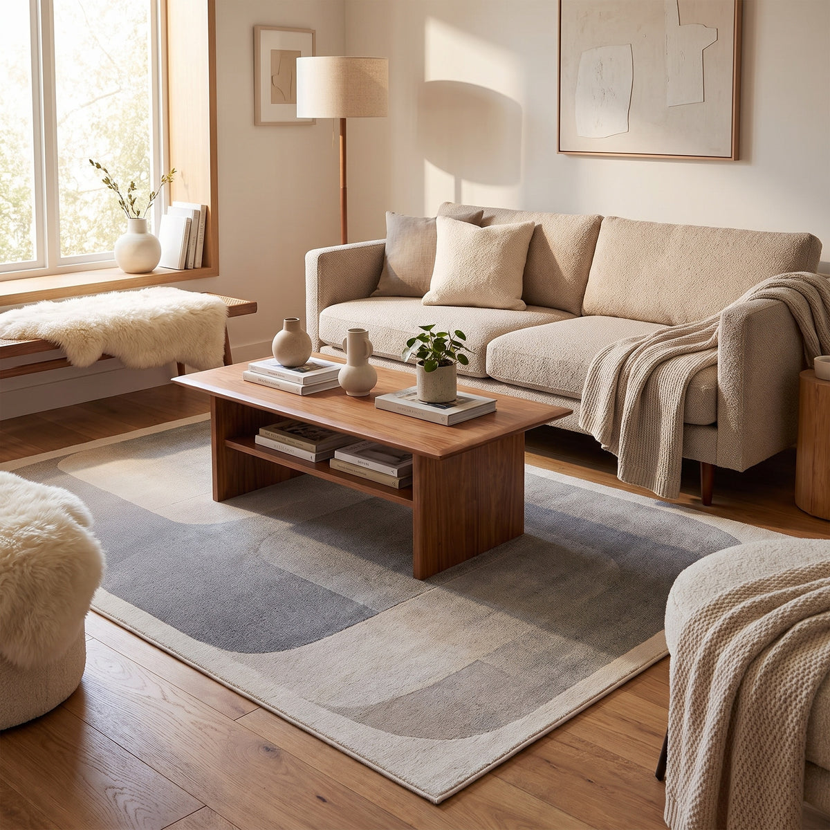 Tapis Gordes gris acier dans un salon moderne