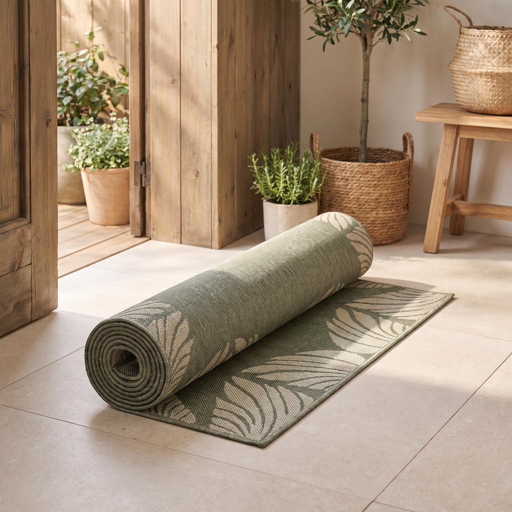 Tapis Porquerolles Eucalyptus roulé en situation dans une entrée extérieure