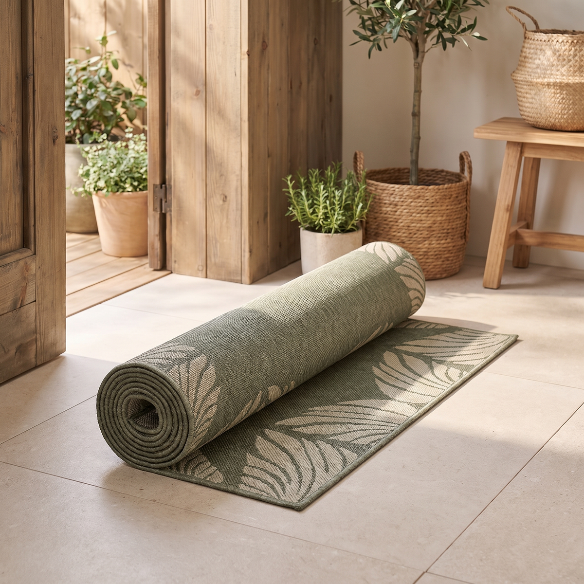 Tapis Porquerolles Eucalyptus roulé en situation dans une entrée extérieure