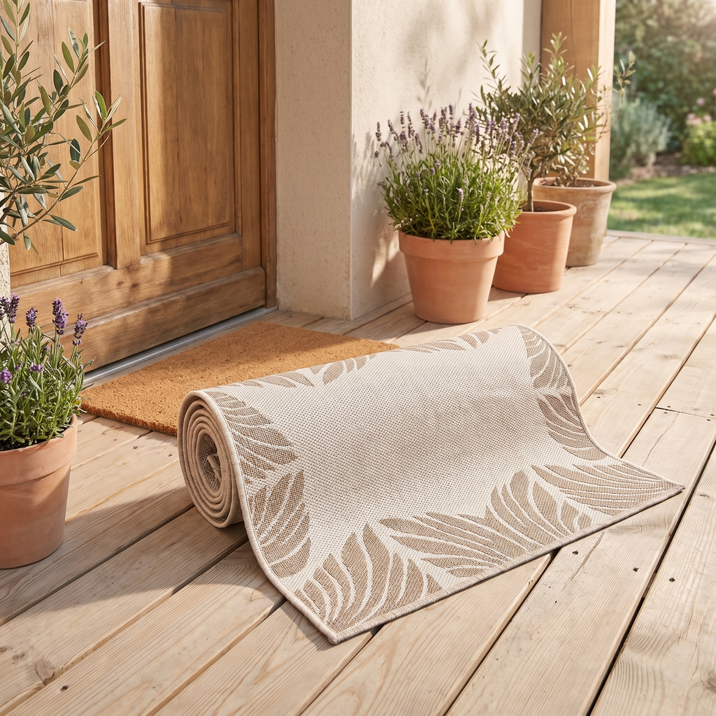 Tapis Porquerolles Naturel roulé en situation dans une entrée extérieure
