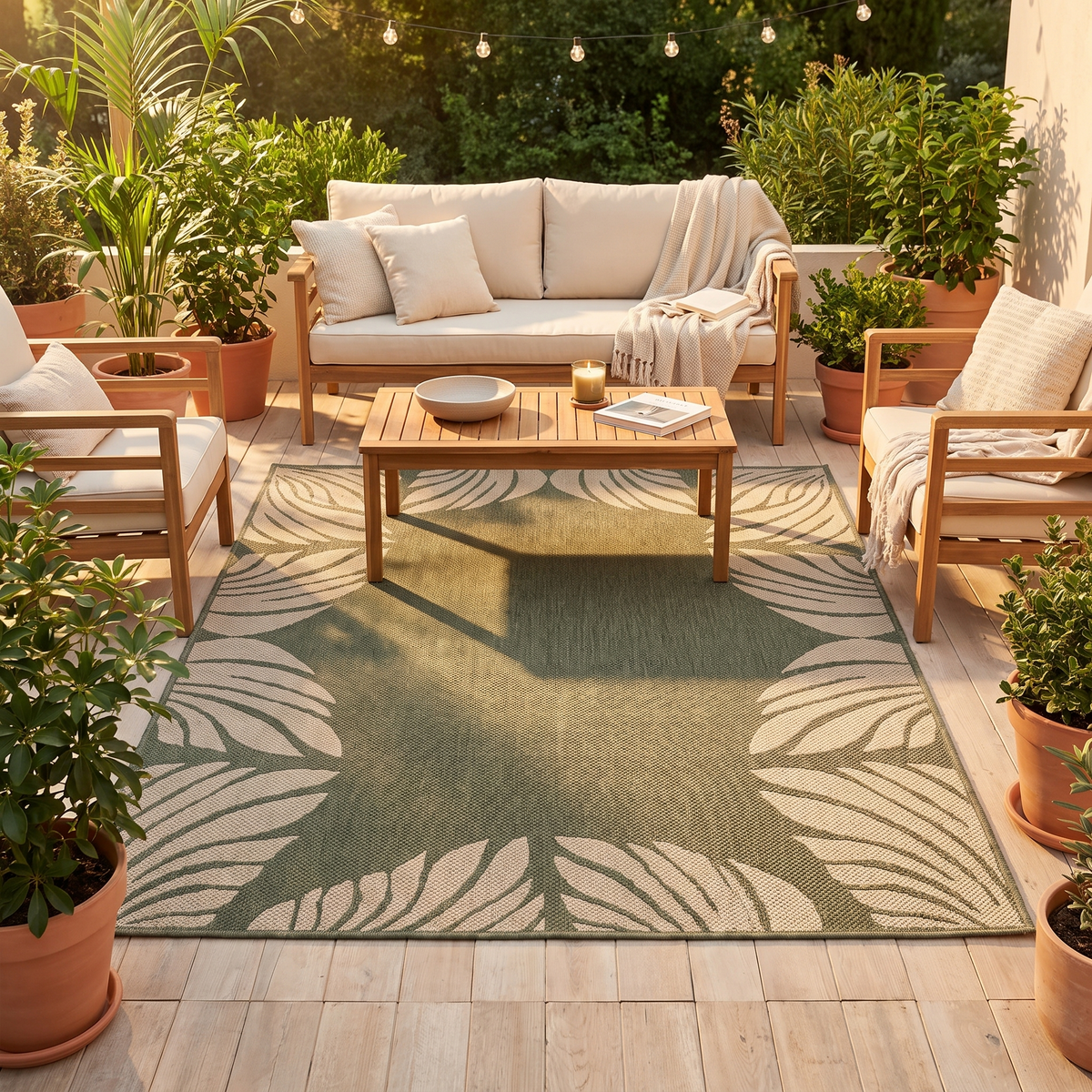 Tapis Porquerolles Eucalyptus sur une terrasse