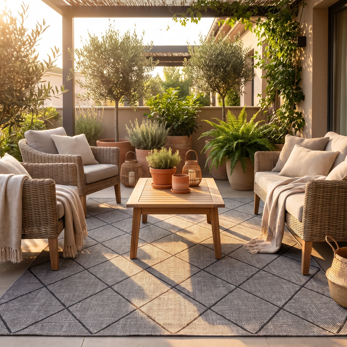 Tapis Cassis Perle sur une terrasse