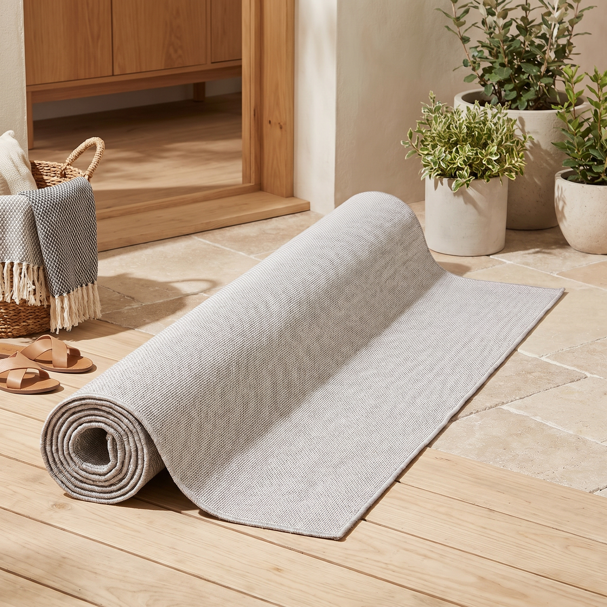 Tapis Cassis Perle roulé en situation dans une entrée extérieure