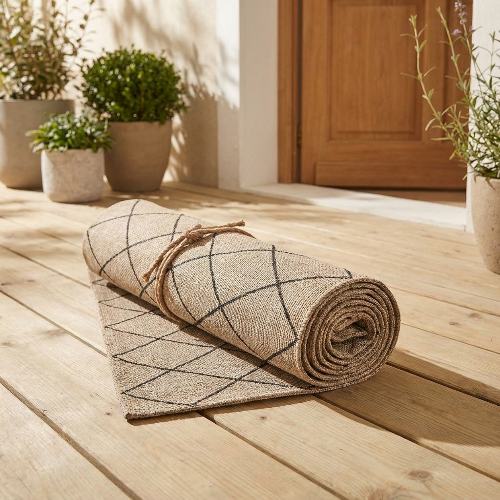Tapis Cassis Naturel roulé en situation dans une entrée extérieure