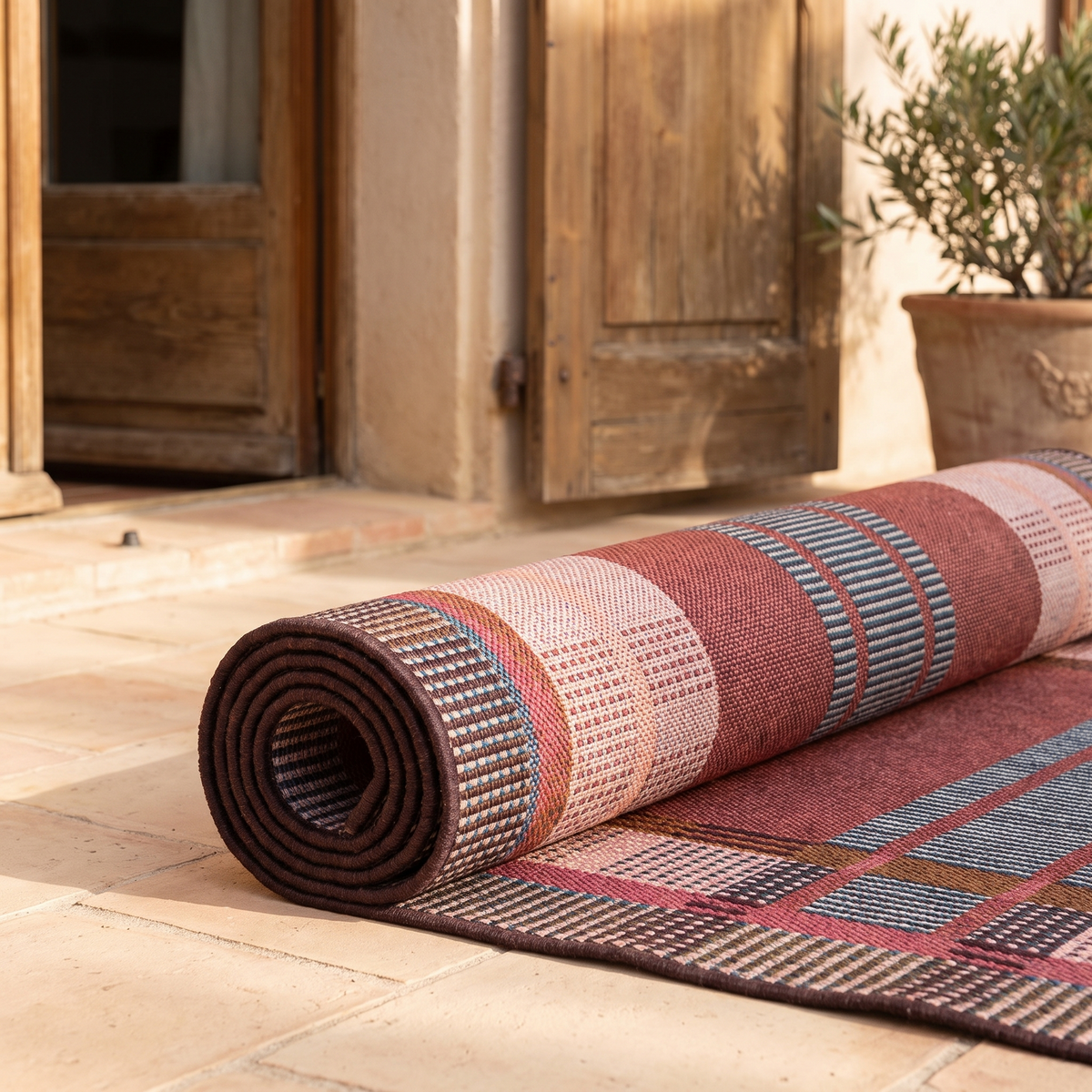 Tapis Collioure Multico roulé en situation dans une entrée extérieure