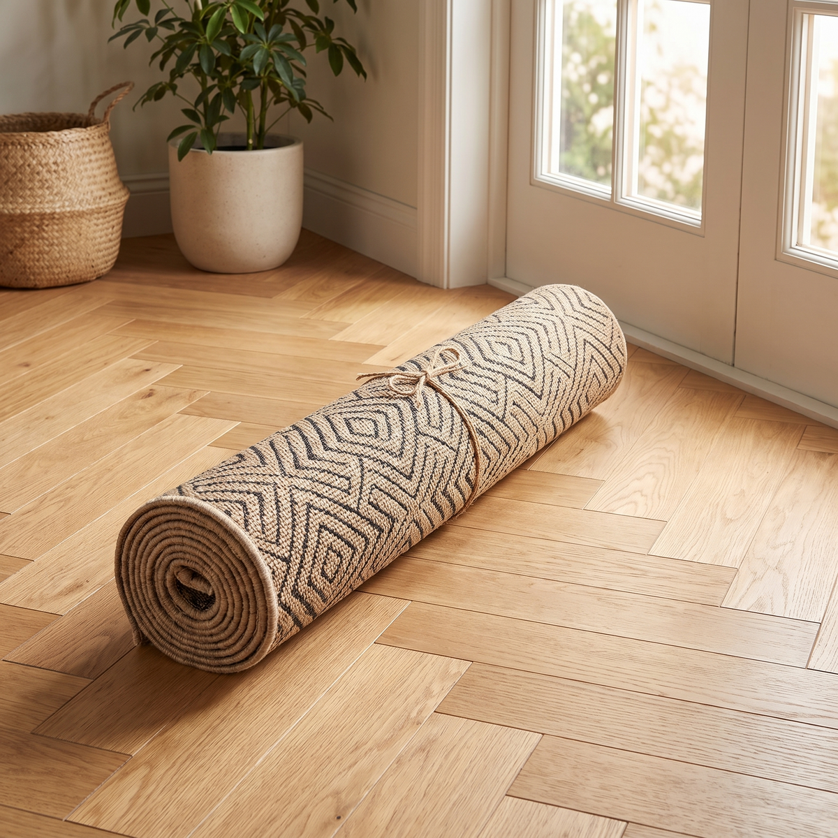 Tapis Ménerbes Naturel roulé en situation dans une entrée
