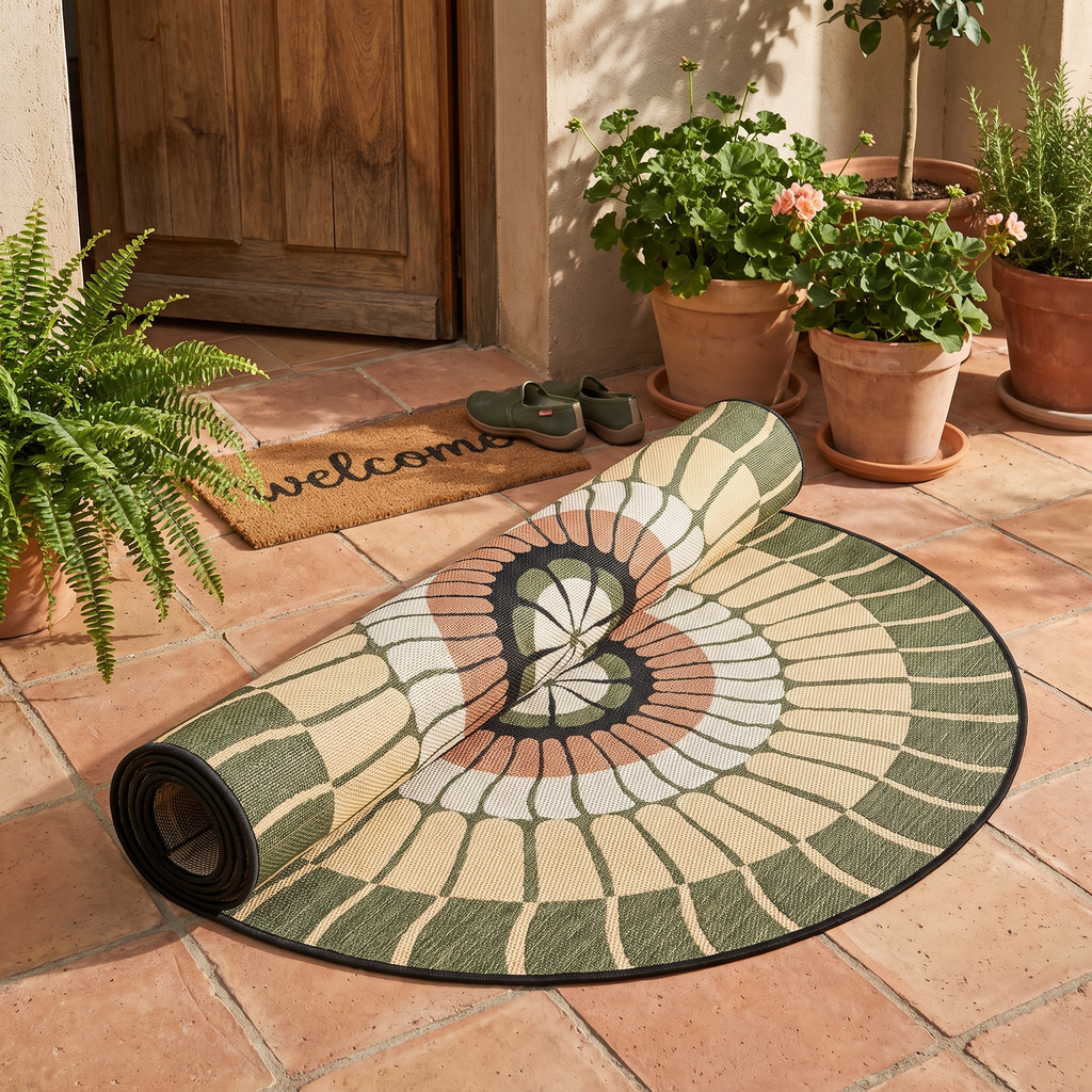 Tapis Ramatuelle Cèdre roulé en situation dans une entrée extérieure