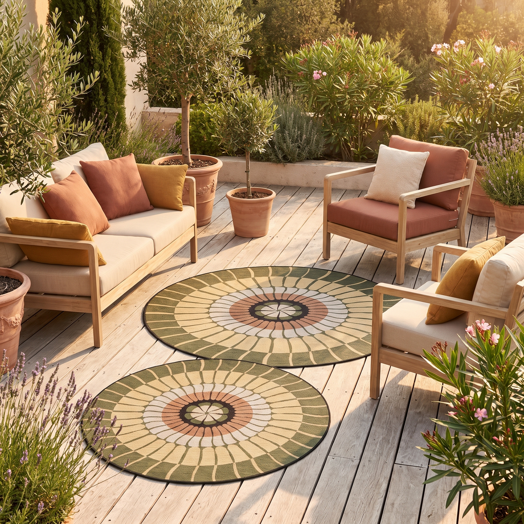 Tapis Ramatuelle Cèdre sur une terrasse
