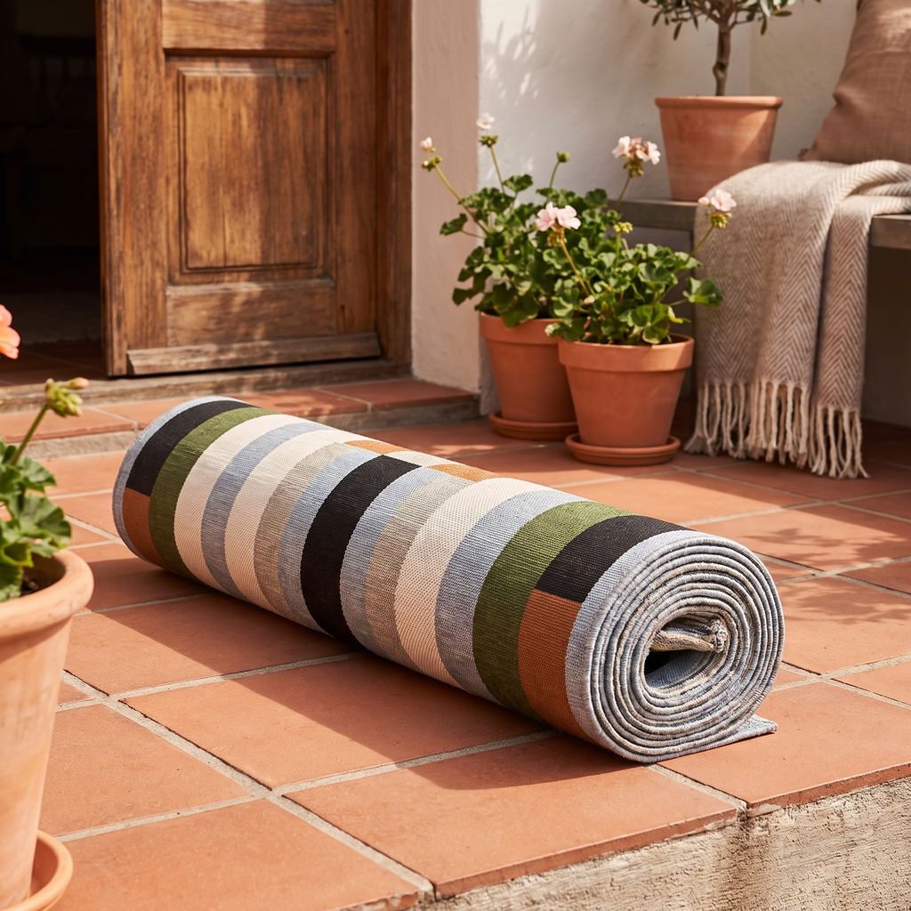 Tapis Banyuls Multico roulé en situation dans une entrée extérieure