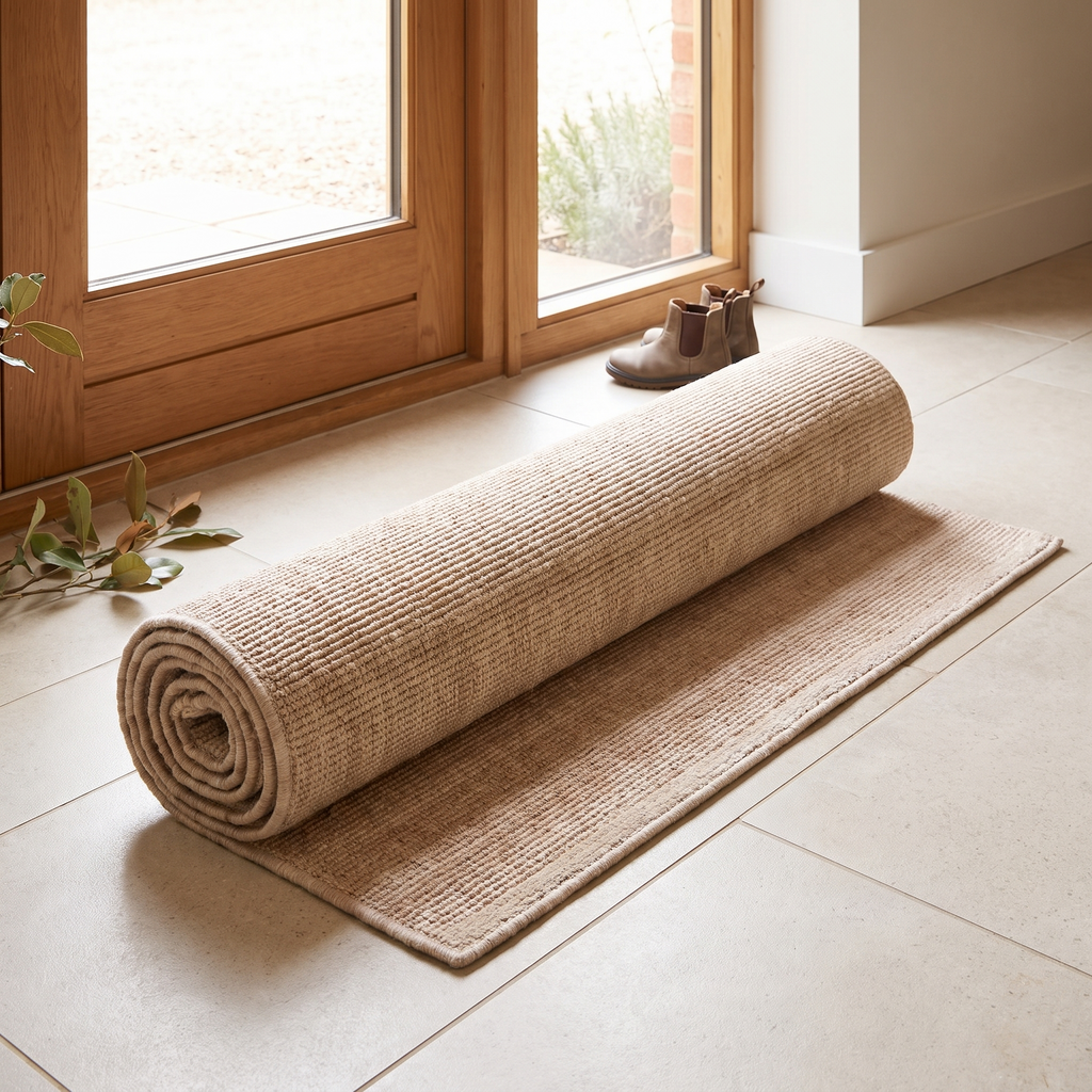 Tapis Moustiers Naturel roulé en situation dans une entrée