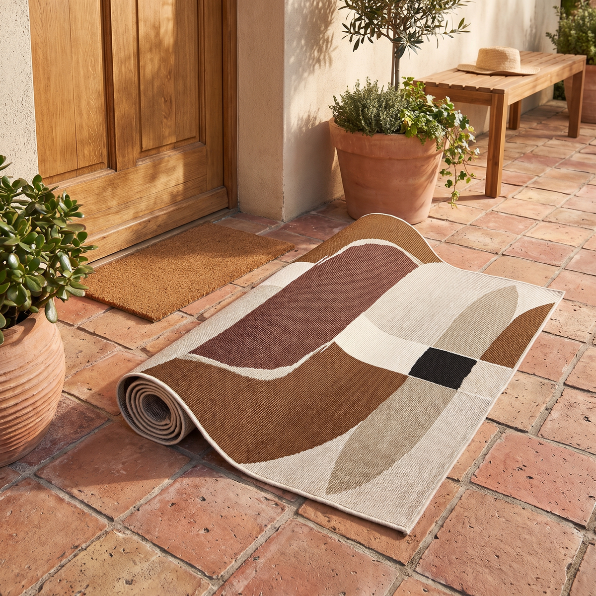 Tapis Giens Naturel roulé en situation dans une entrée extérieure