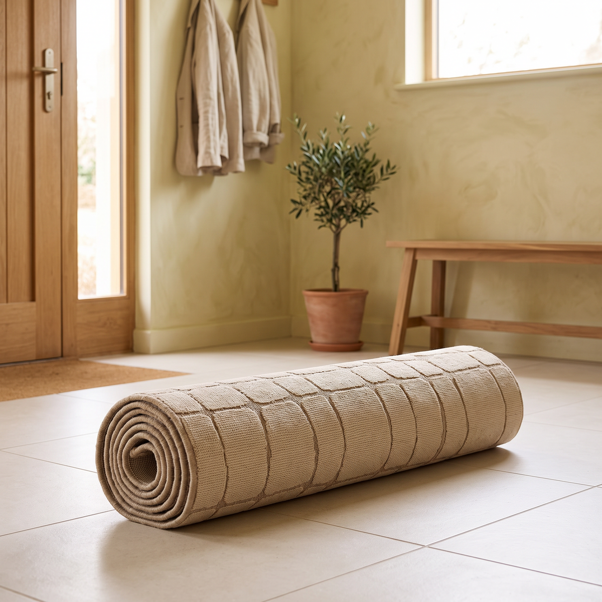 Tapis Eygalières roulé en situation dans une entrée
