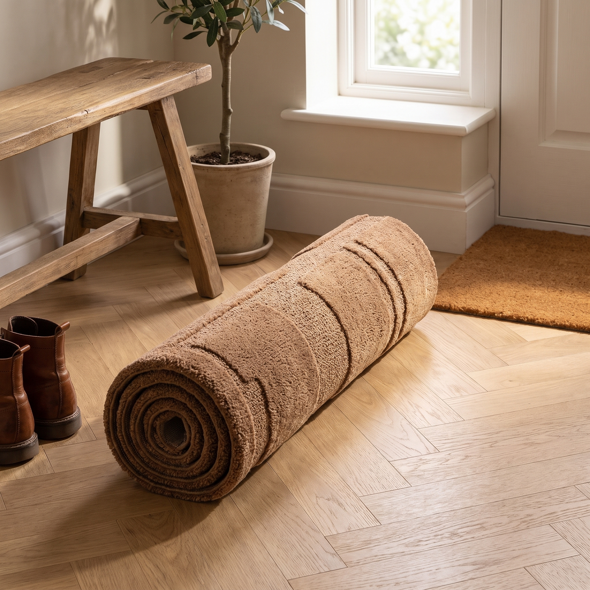 Tapis recyclé Maussane roulé en situation dans une entrée