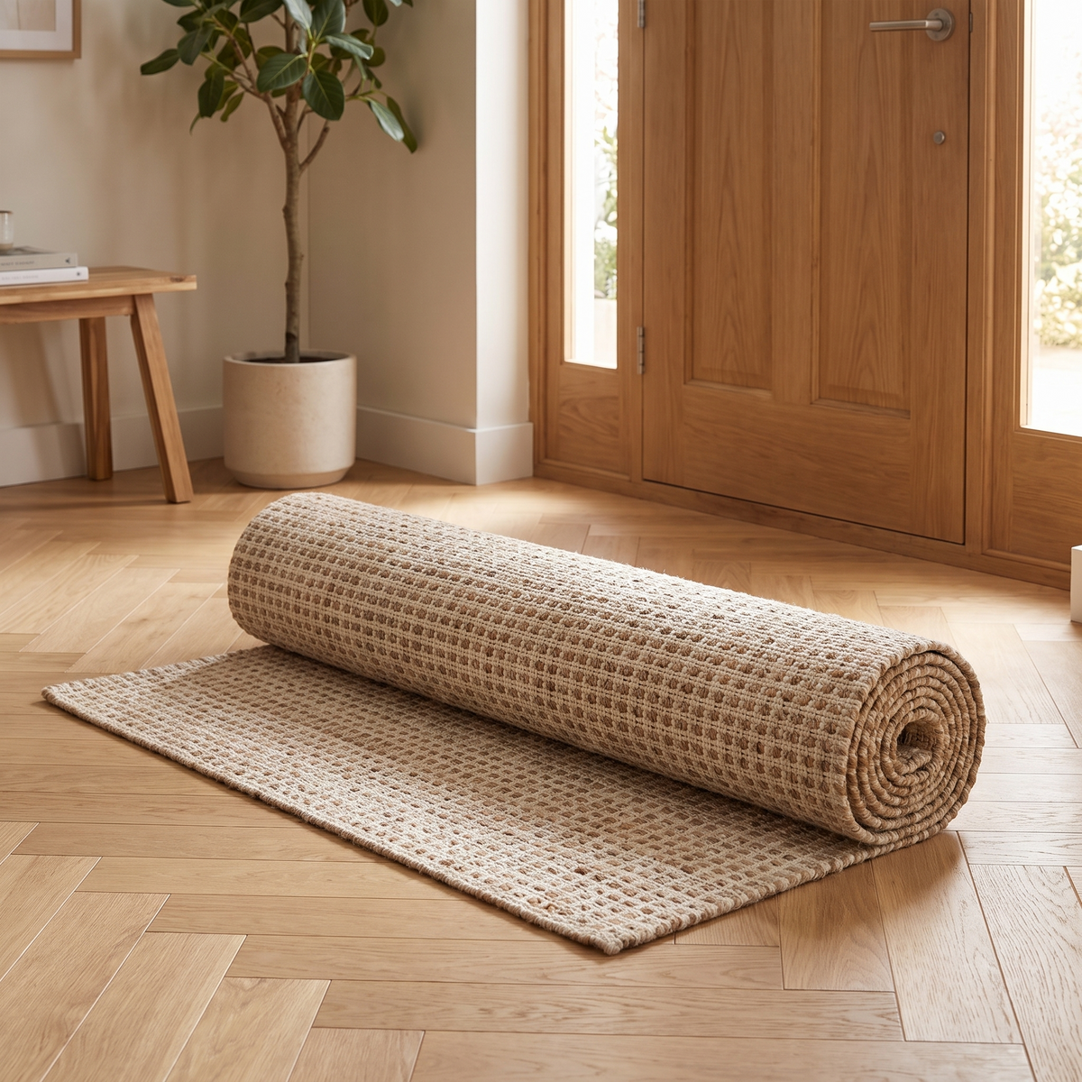 Tapis Forcalquier roulé en situation dans une entrée