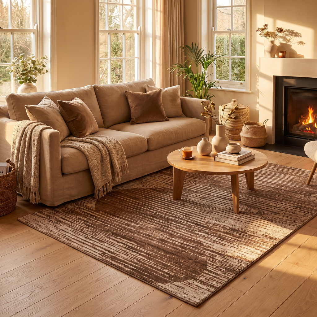 Tapis Lussan Noisette dans un salon chaleureux
