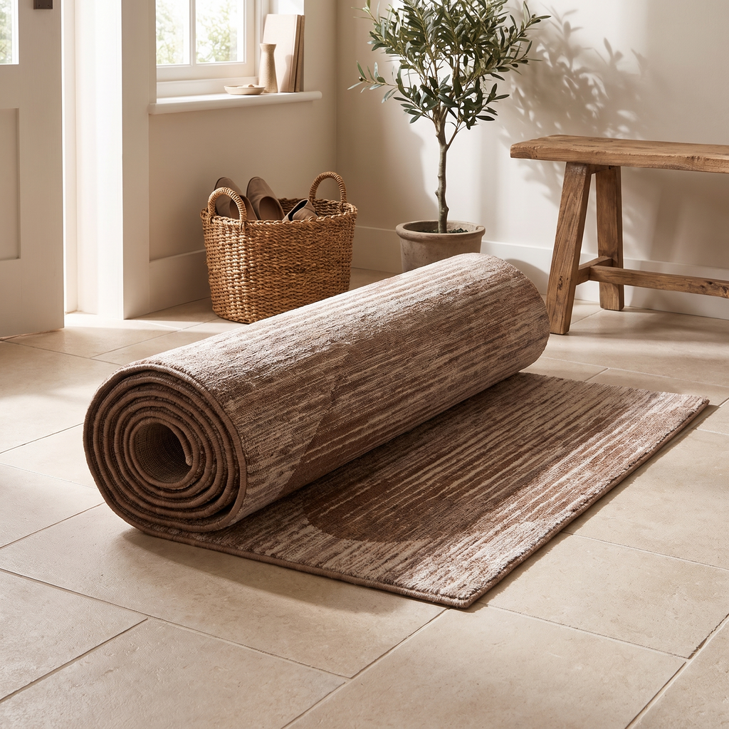 Tapis Lussan Noisette roulé en situation dans une entrée