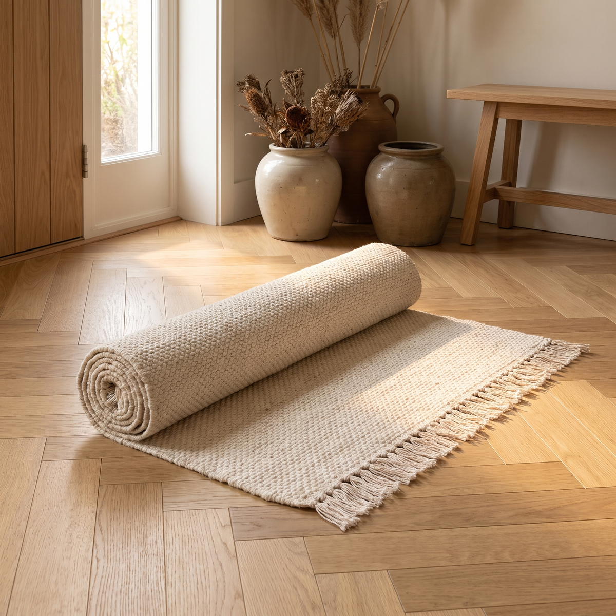 Tapis Banon Naturel roulé en situation dans une entrée