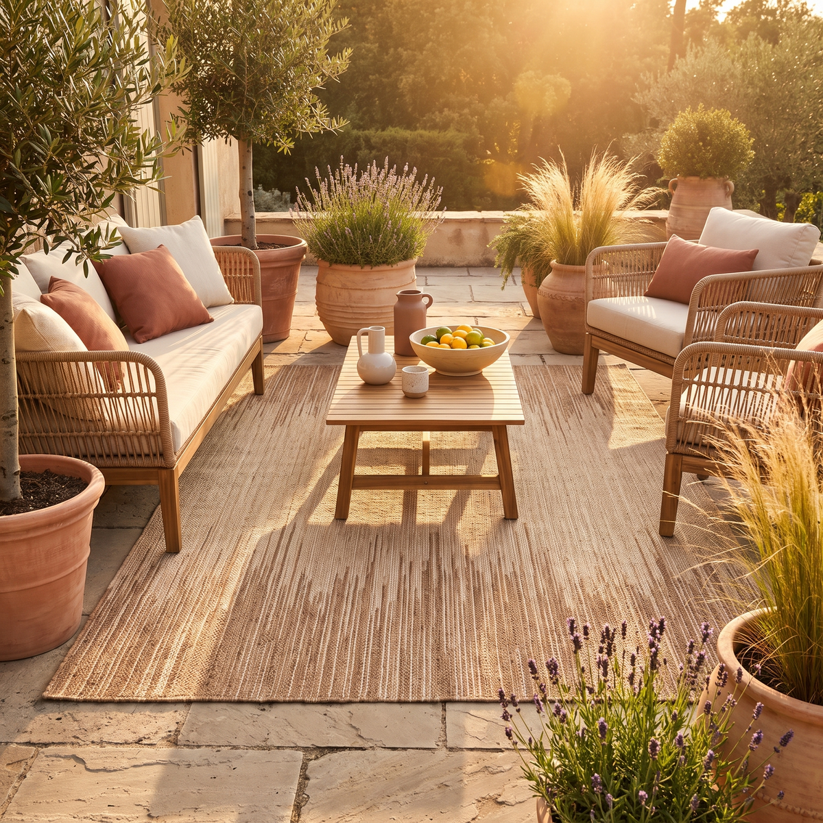 Tapis Gruissan Naturel sur une terrasse