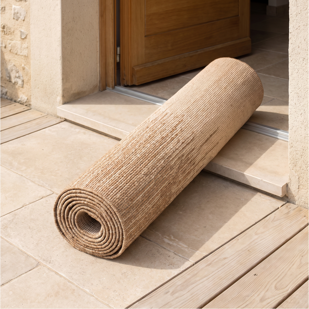 Tapis Gruissan Naturel roulé en situation dans une entrée extérieure