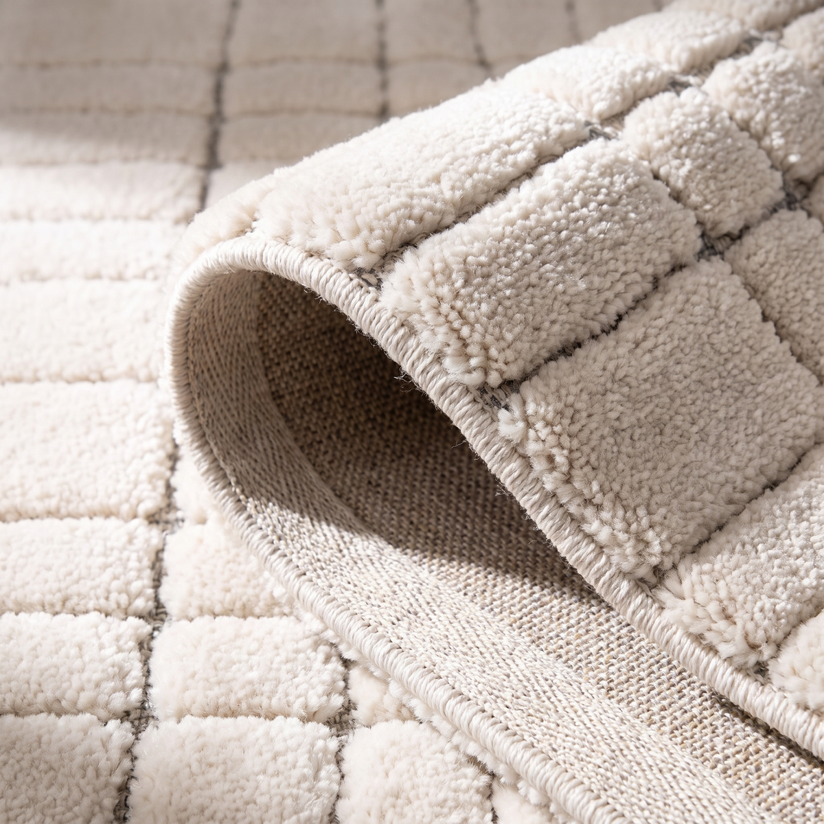 Angle et pli du tapis recyclé Sault Neige - détail du tissage