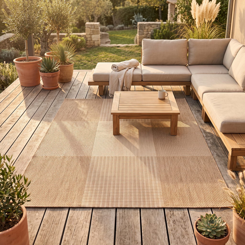 Tapis Leucate Naturel sur une terrasse