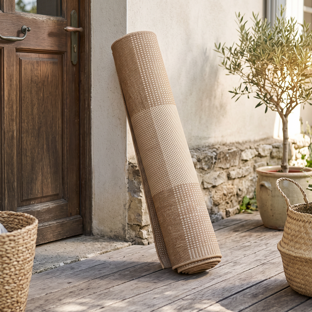 Tapis Leucate Naturel roulé en situation