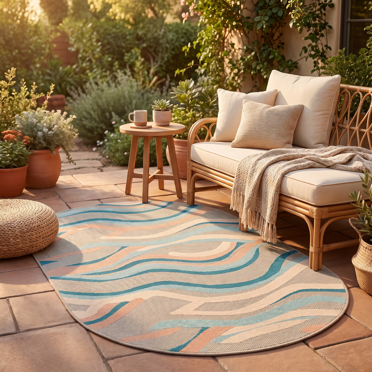 Tapis Biot ovale Multico sur une terrasse