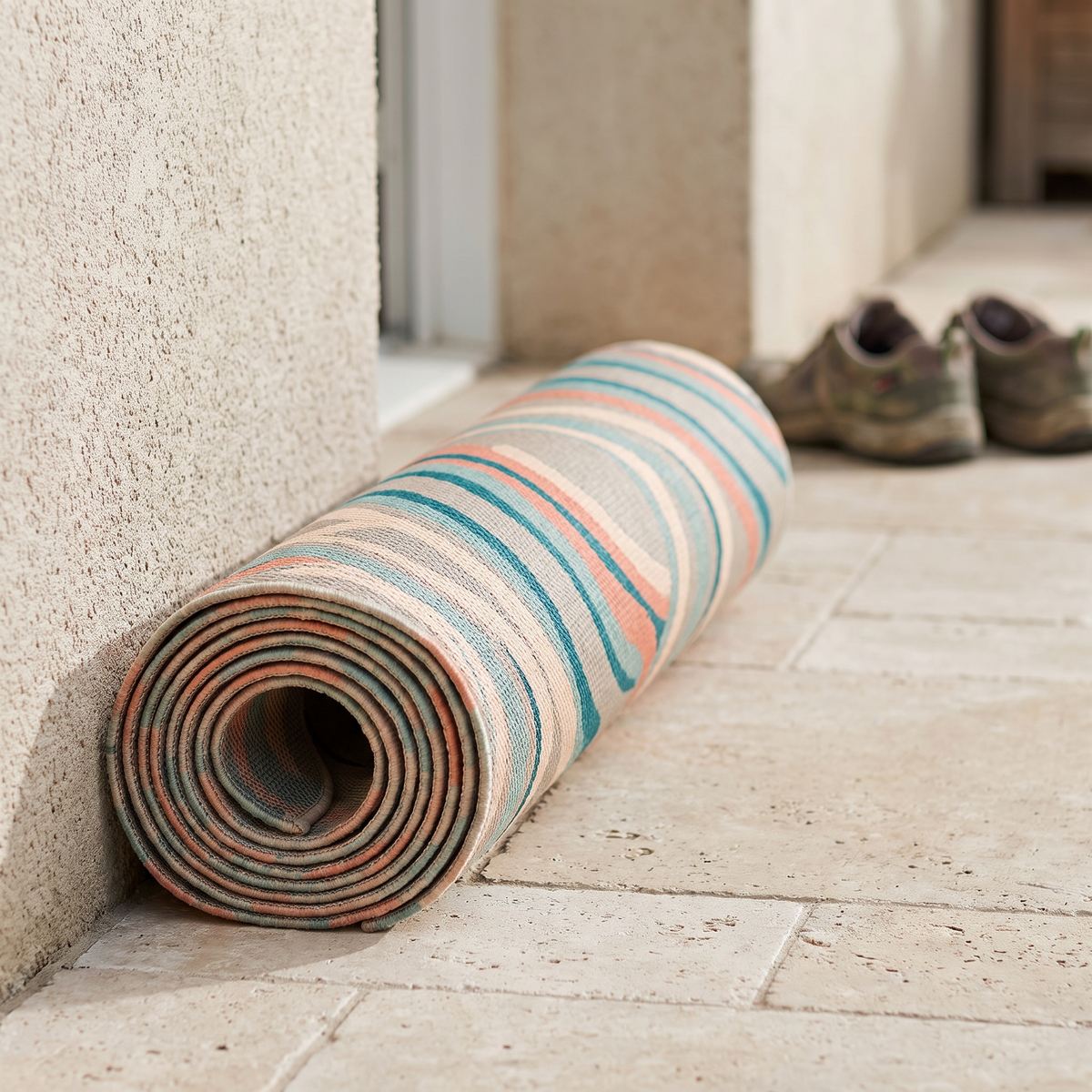 Tapis Biot ovale Multico roulé en situation dans une entrée