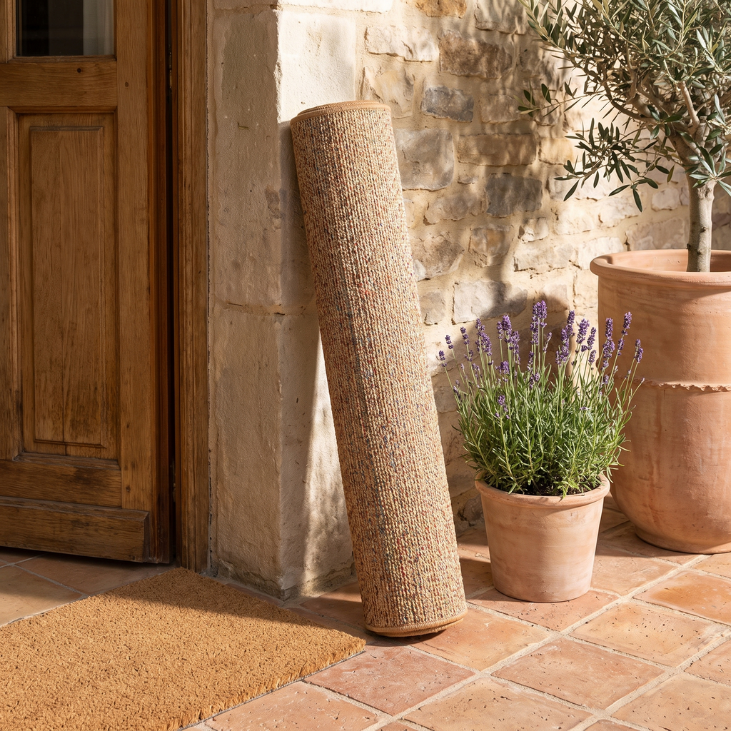 Tapis Calvi Multico roulé en situation dans une entrée extérieure