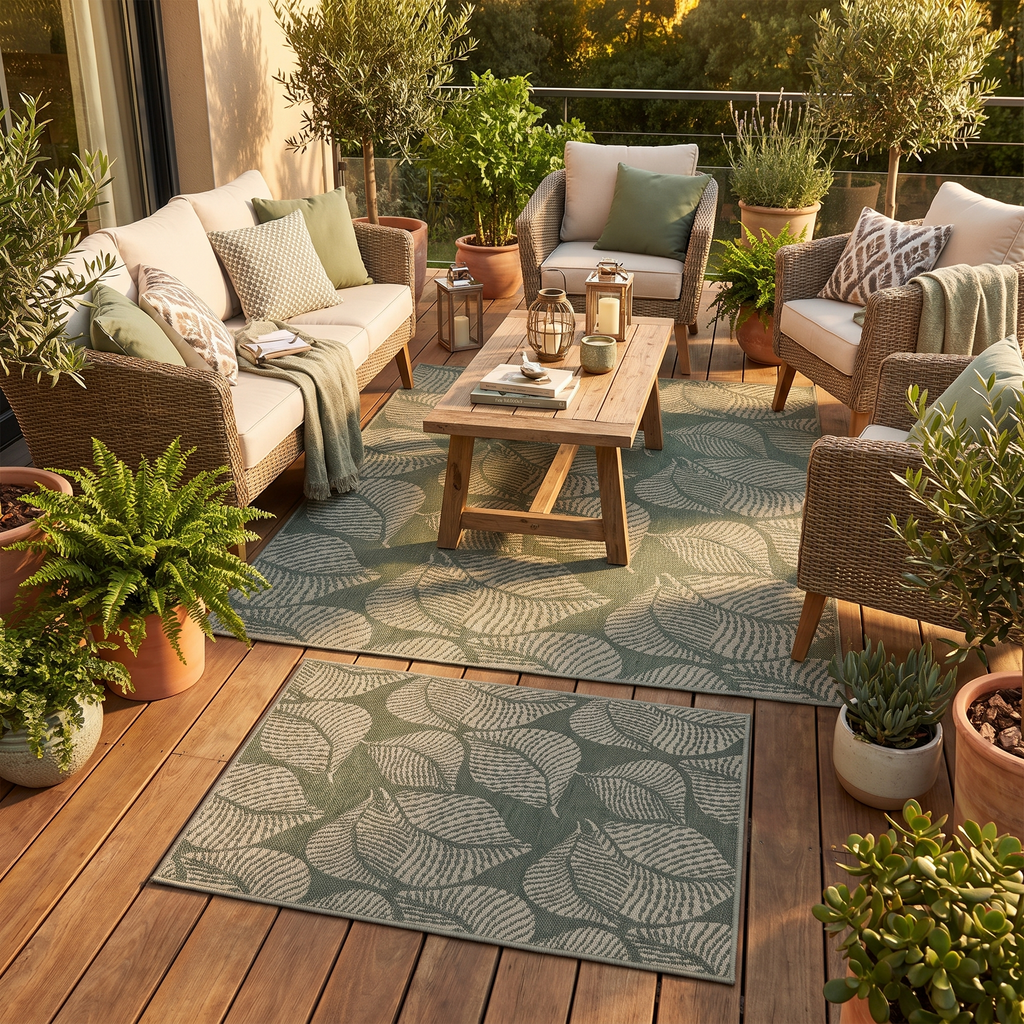Tapis recyclé Lavandou Eucalyptus sur une terrasse