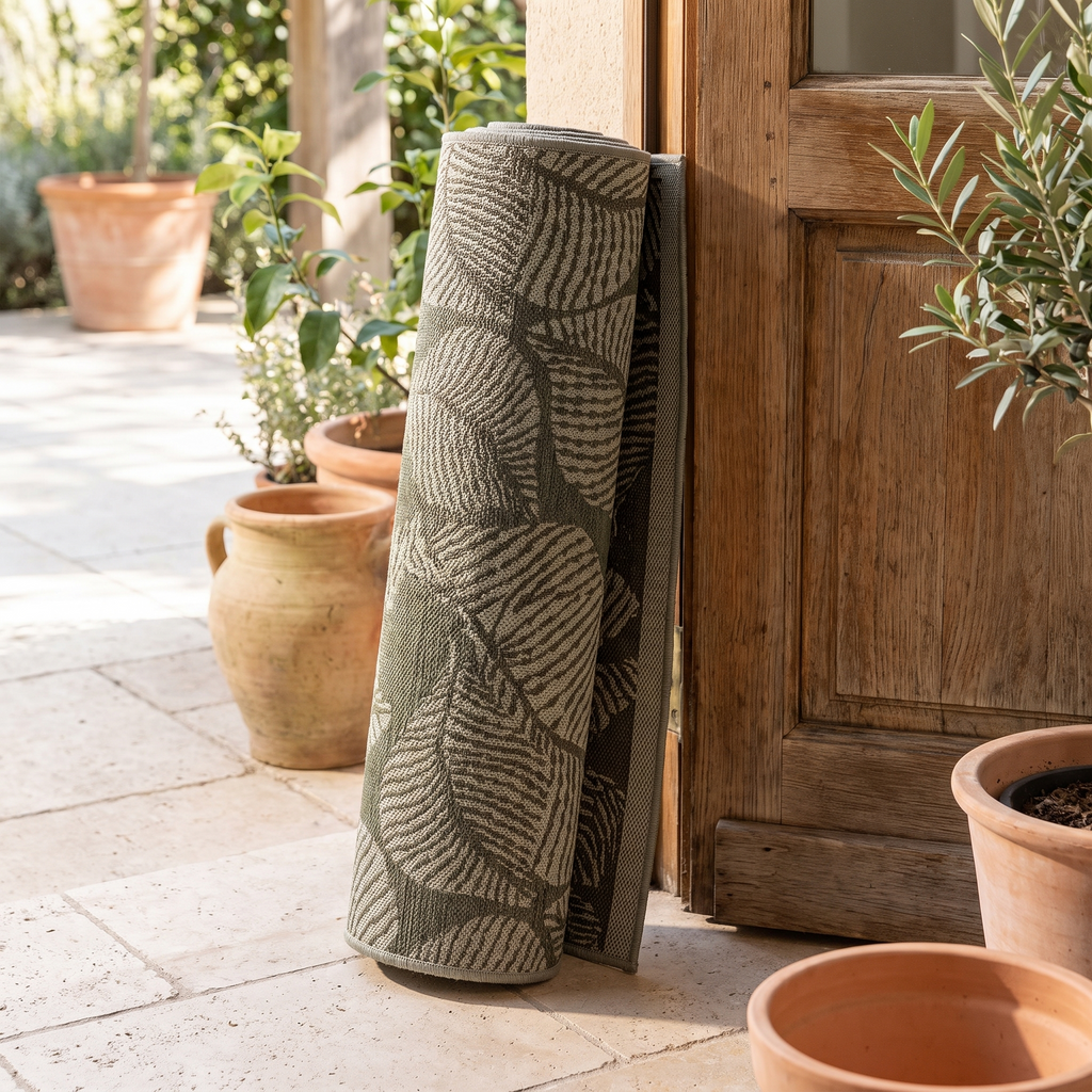 Tapis recyclé Lavandou Eucalyptus roulé en situation dans une entrée extérieure