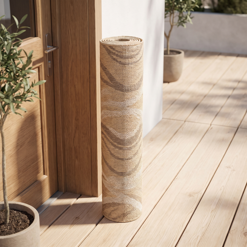 Tapis Hyères Naturel roulé en situation dans une entrée extérieure