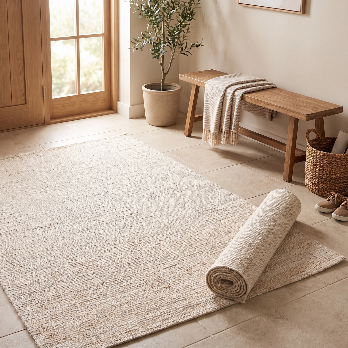 Tapis Verdon Naturel roulé en situation dans une entrée