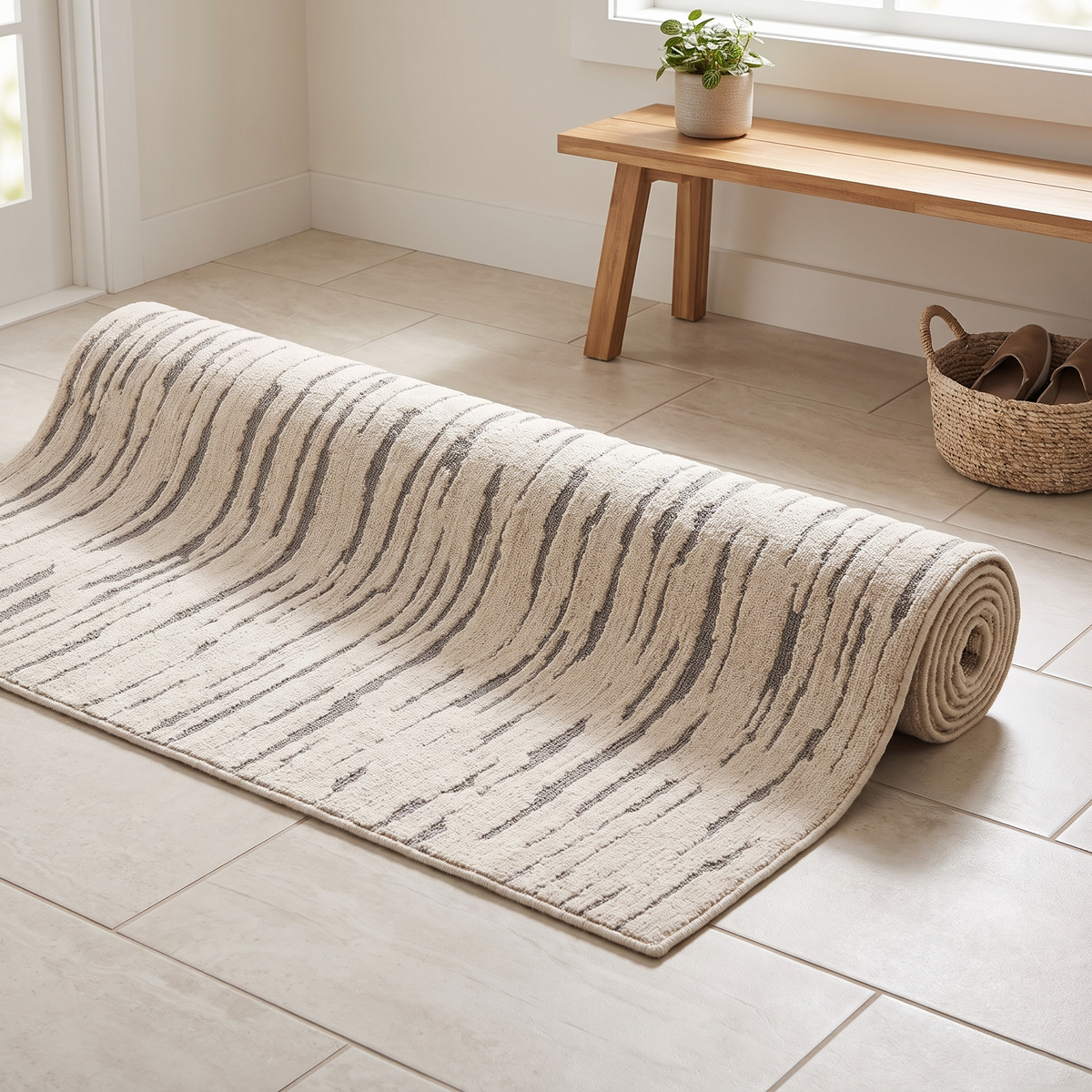 Tapis Cévennes Naturel roulé en situation dans une entrée