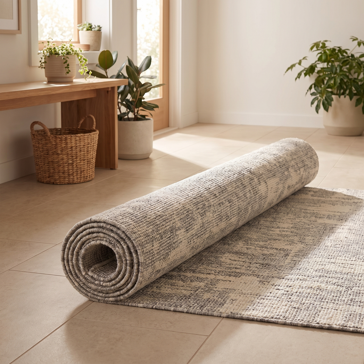 Tapis Margeride Naturel roulé en situation dans une entrée
