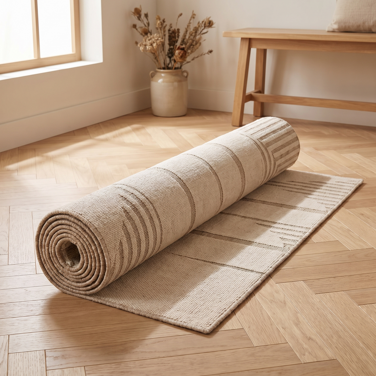 Tapis Aubrac Naturel roulé en situation dans une entrée