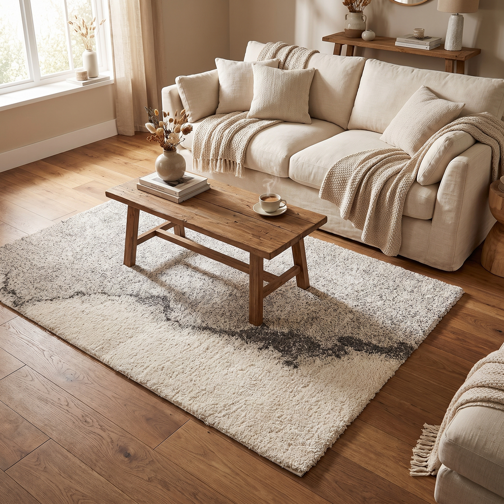 Tapis Queyras Ivoire dans un salon chaleureux
