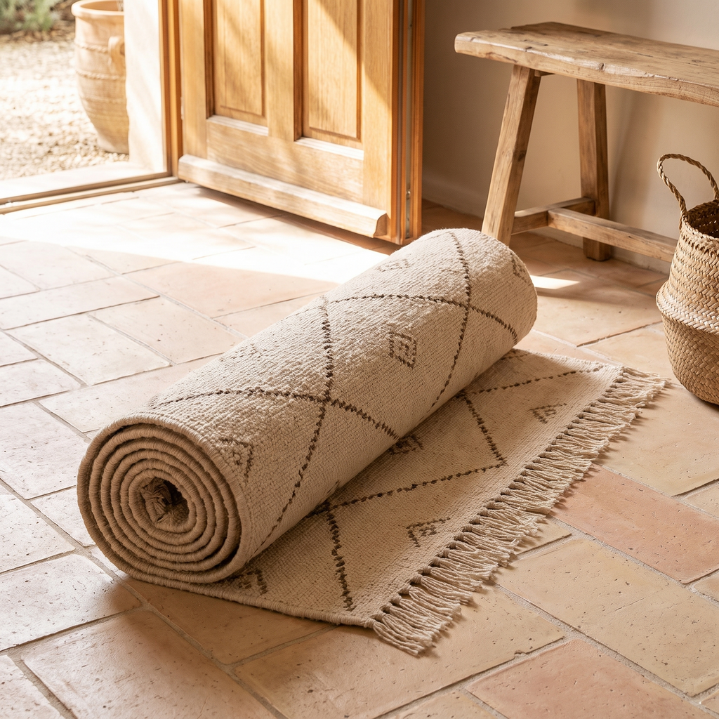 Tapis Rocamadour Naturel roulé en situation dans une entrée