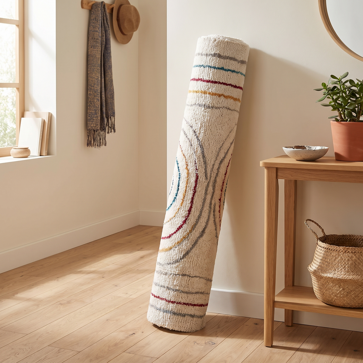 Tapis Lautrec Multico roulé en situation dans une entrée intérieure