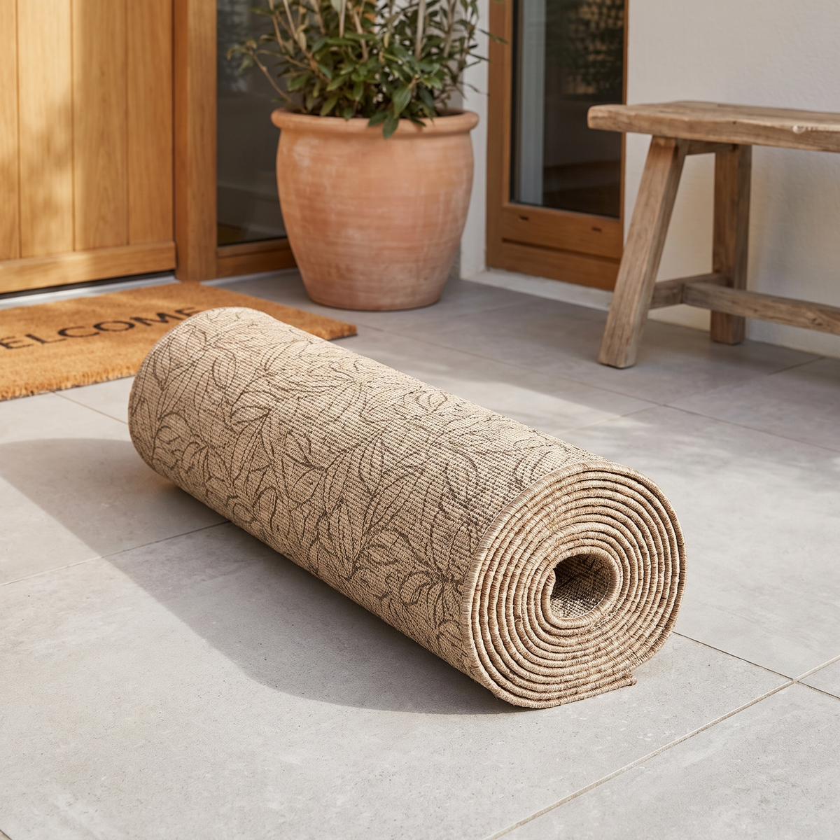 Tapis Port-Cros Naturel roulé en situation dans une entrée extérieure